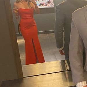 ASOS dress feels like a size 4-6. Red evening gown. Slightly stretchy. Cleaned